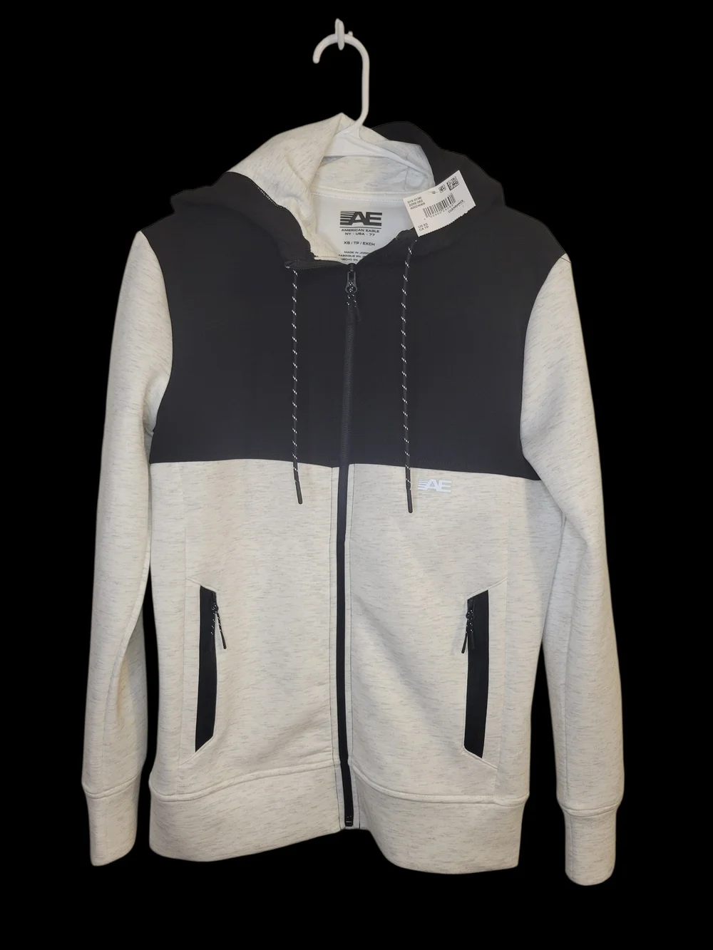 American Eagle Outfitters Men's Two-Tone Hooded Zip Sweater - Black & Light Gray - Picture 10 of 10
